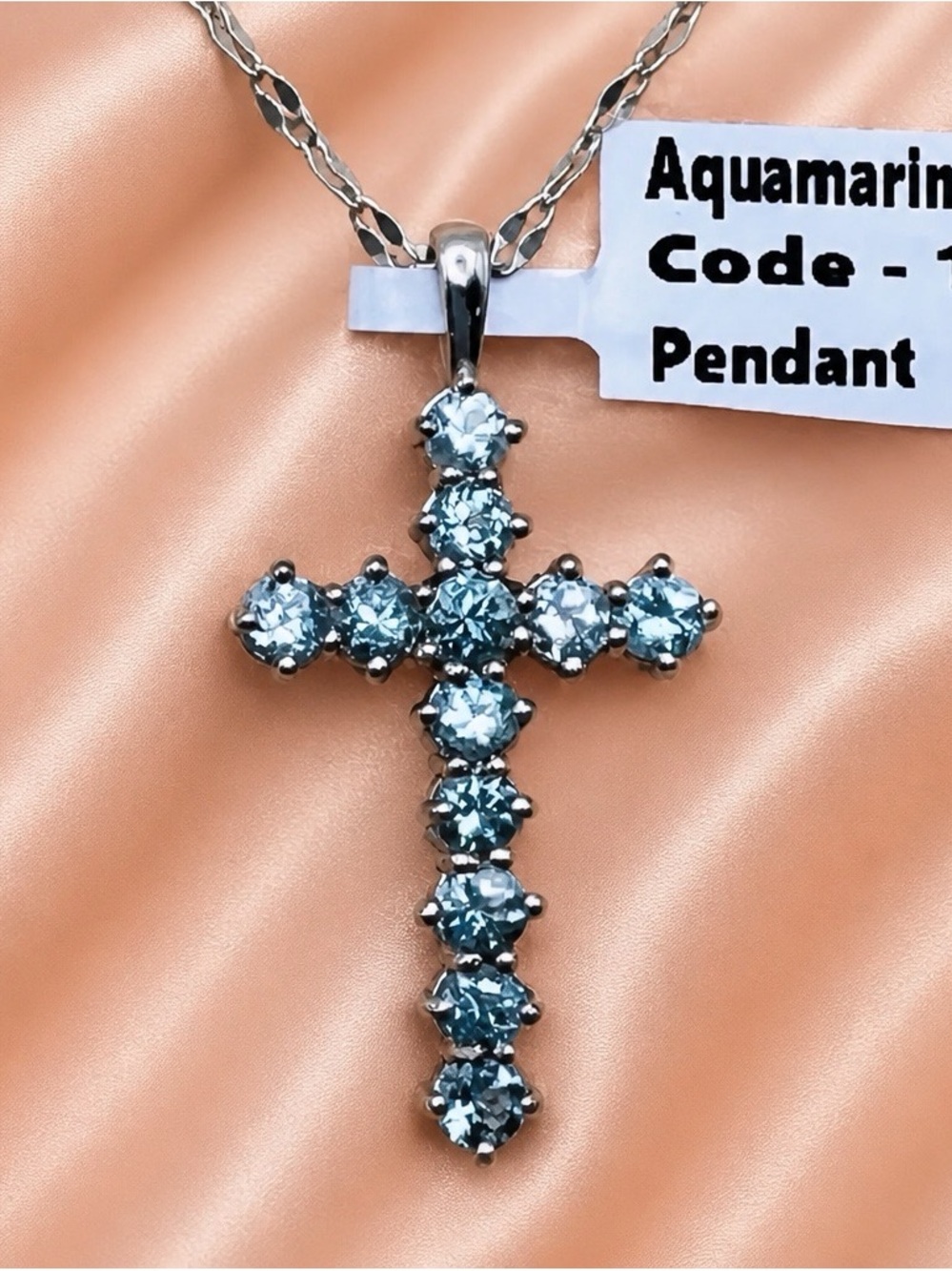 Genuine Natural Aquamarine Cross Pendant Necklace with 18”chain